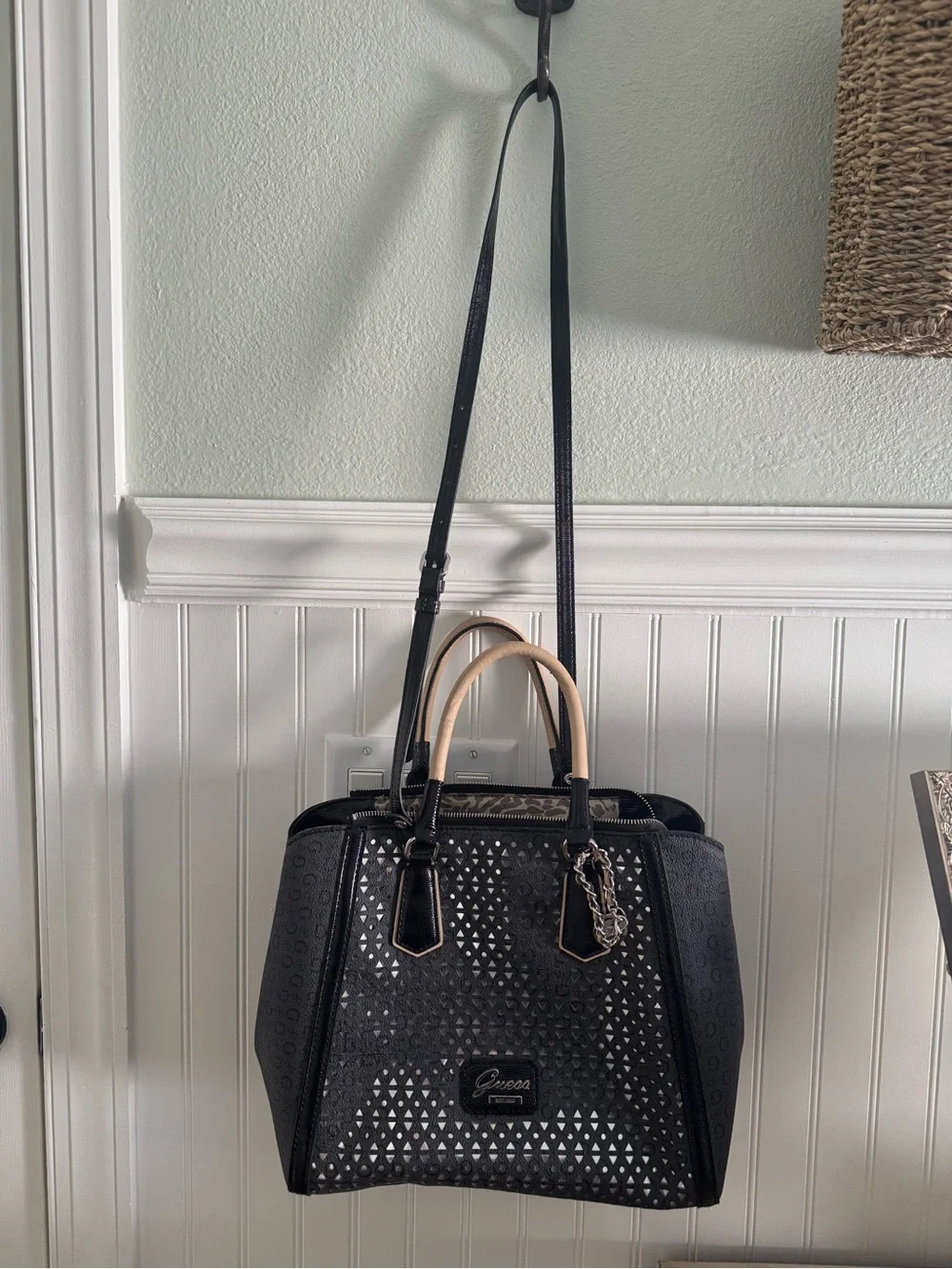 Guess Black Satchel with Cream Top Handle and Laser-Cut Front